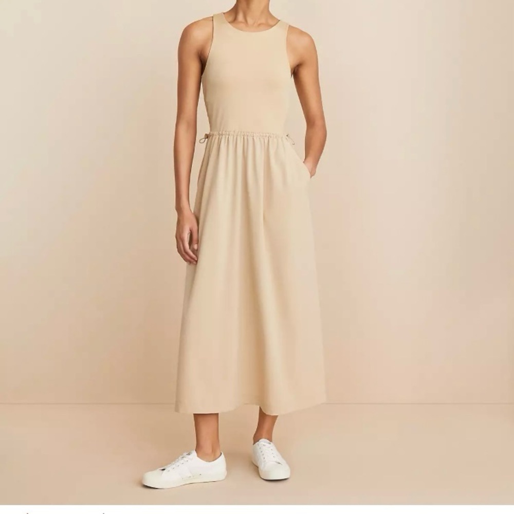 Lou & Grey Neutral Midi Dress L Drawstring Waist Clean Minimalist Capsule